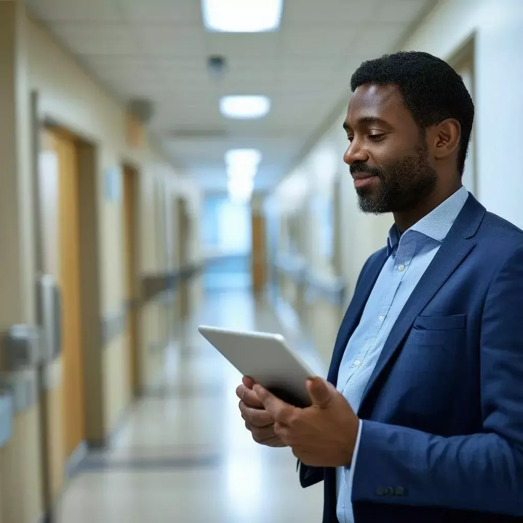 hospital administrator standing in hallway with ipad