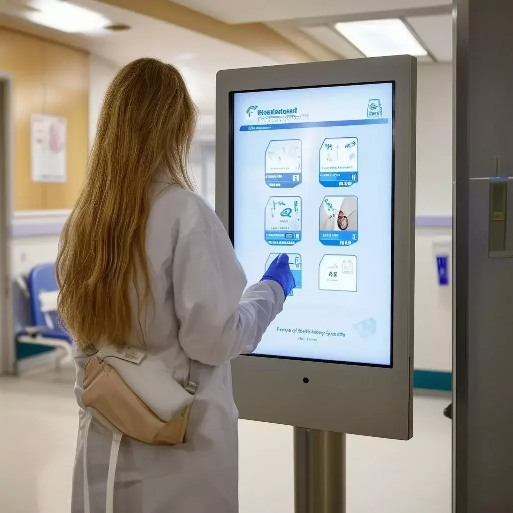 woman checking into hospital with digital screen
